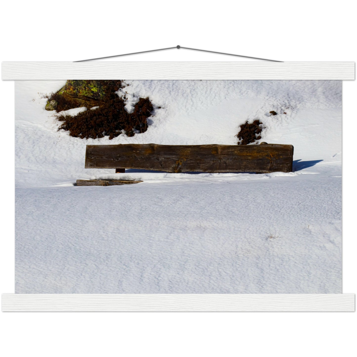 Bench in the snow Premium poster with wooden strips