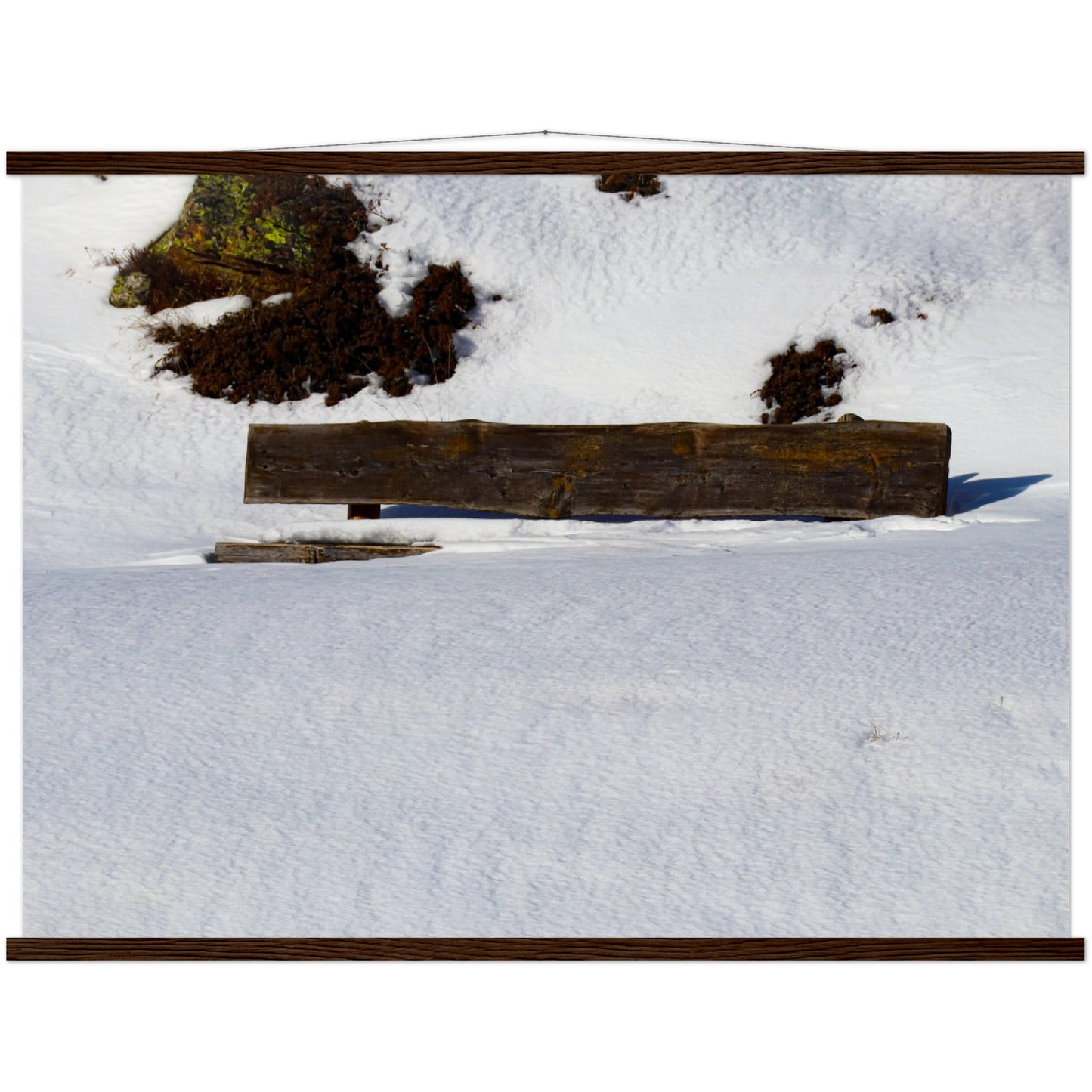Bench in the snow Premium poster with wooden strips