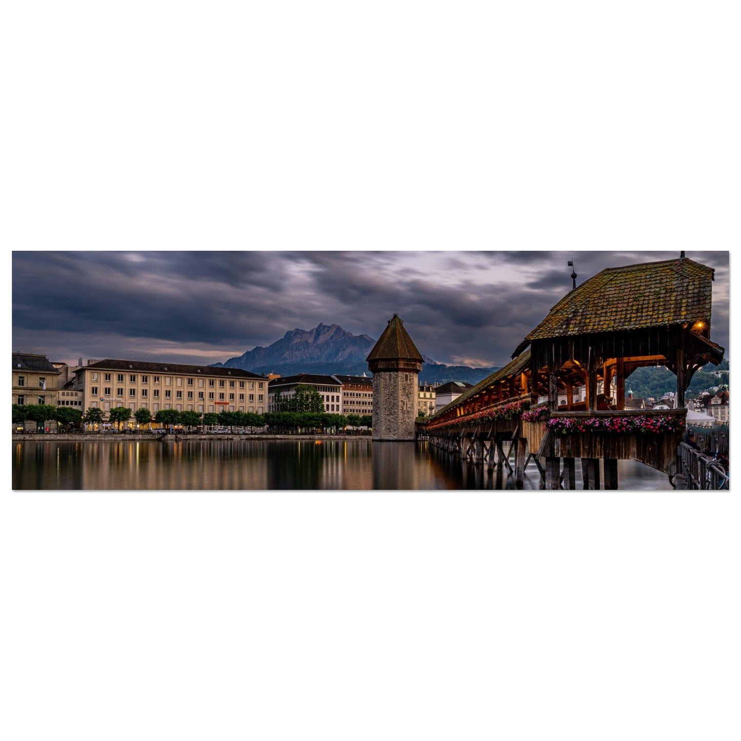 Chapel Bridge Lucerne with Pilatus in the evening as a Forex print