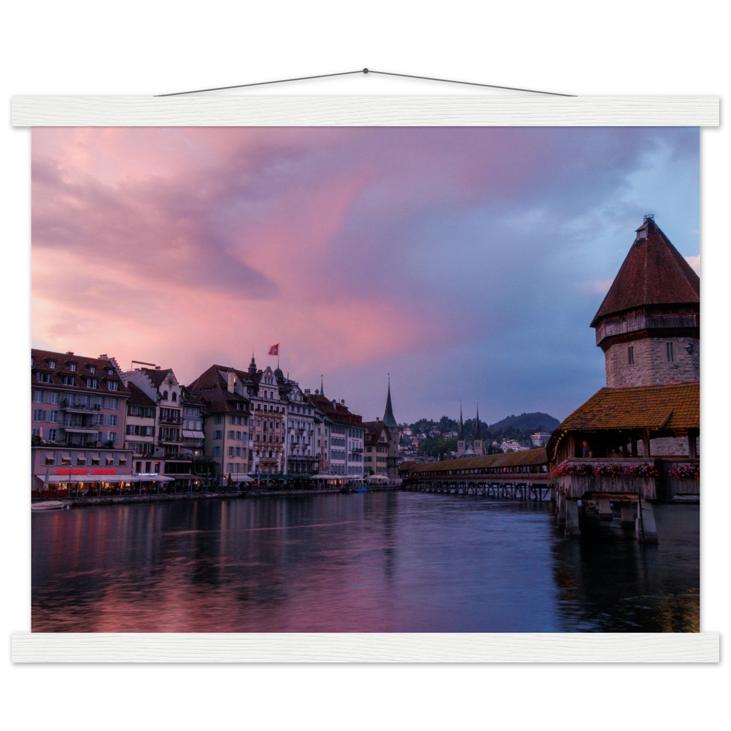 Idyllic sunset with Chapel Bridge, Lucerne - Premium poster with wooden bars